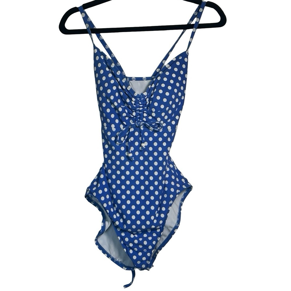 Athena Blue White Polka Dot One Piece Swimsuit Size 16D‎ Travel Beach Vacation
